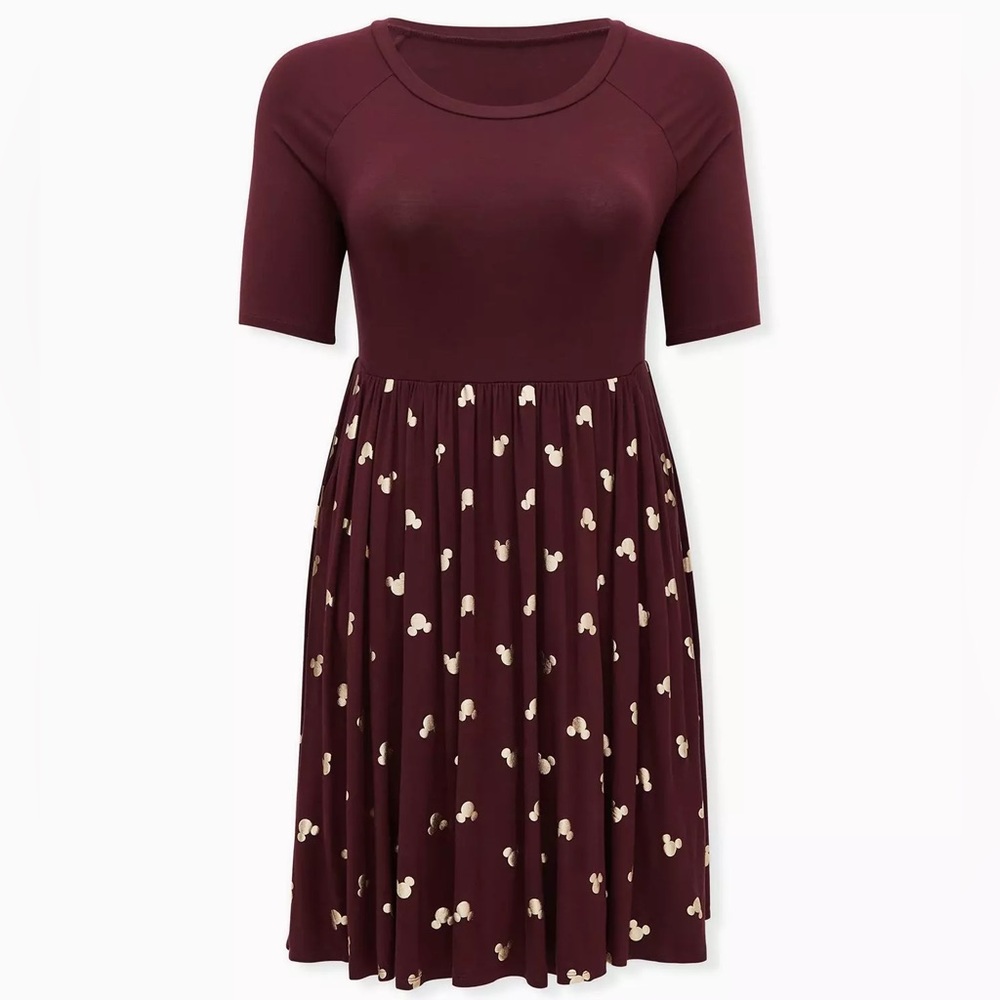 Burgundy dress with gold mickey mouses.